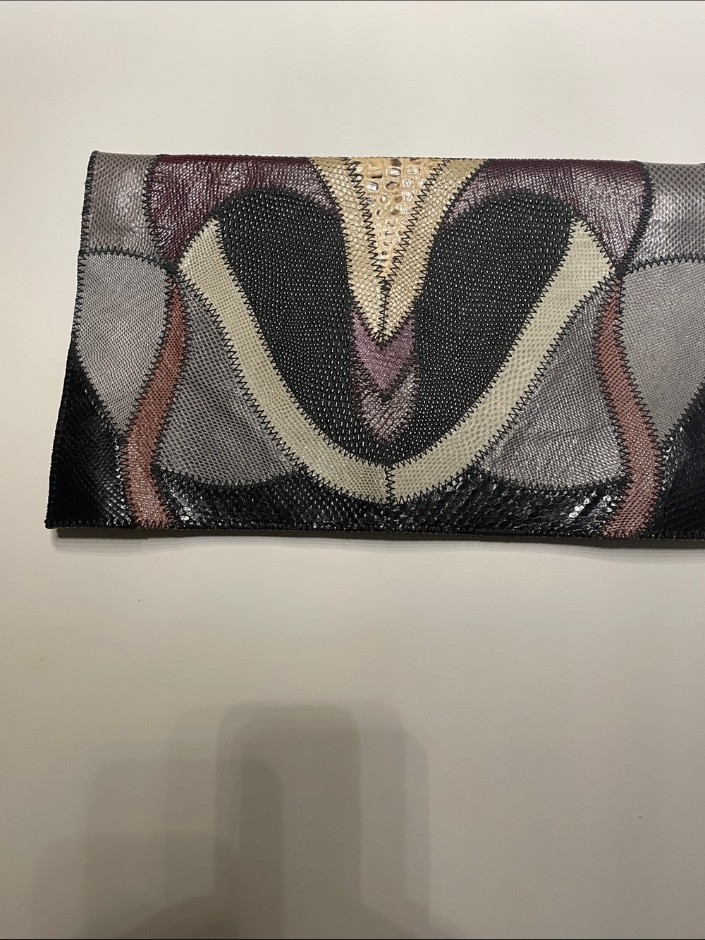 Beaded Patterned Evening Clutch - Black, Cream & Mauve